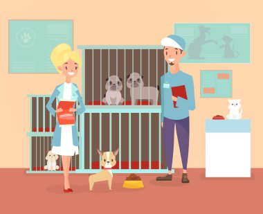 Köpek ve kedi ile gönüllü karakterlerle hayvan barınağı vektör Illustration. Barınak, Evcil hayvan kavramı kabul. Veterinars düz çizgi film tarzı ile mutlu pets içinde sığınak.