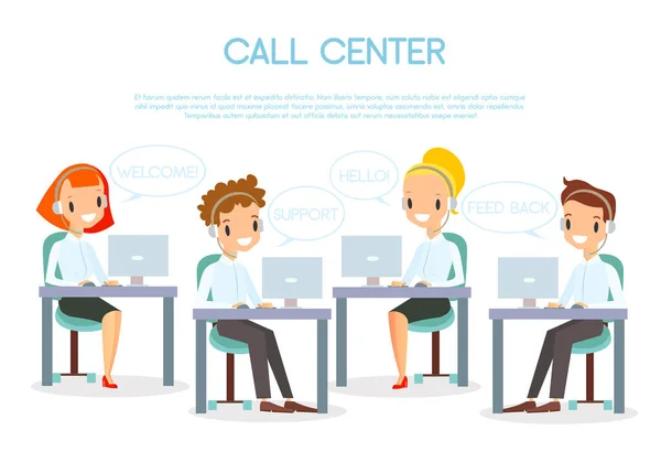 Ilustración vectorial de operadores de call center en oficinas que trabajan con ordenadores portátiles y auriculares. Sonrientes y felices trabajadores del centro de llamadas en los lugares de trabajo. Servicio al cliente y concepto de soporte en plano — Archivo Imágenes Vectoriales