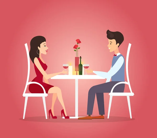 Vector illustration with romantic dinner of couple. Dating concept. Valentines day celebration of beautiful woman and handsome young man in flat cartoon style. — Stock Vector