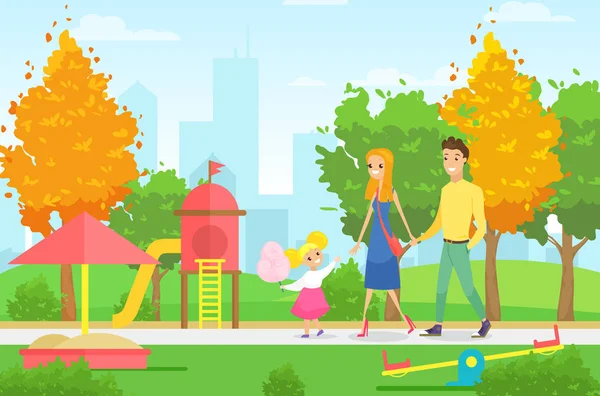 Vektor ilustrasi keluarga muda dengan anak dan anjing berjalan di taman dengan taman bermain. Orangtua dengan anak perempuan dan anjing di taman musim panas dengan lanskap kota dalam gaya kartun datar . - Stok Vektor