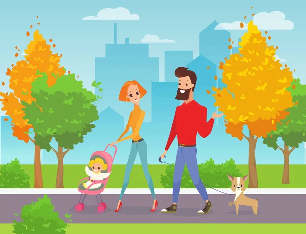 Ilustração vetorial de passeios familiares felizes no parque da cidade. Pai, mãe, bebé e cão juntos ao ar livre. Marido, esposa e filho andando no parque da cidade em estilo plano de desenhos animados . — Vetor de Stock