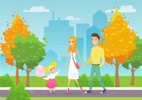 Genç aile çocuğunun Şehir Parkı yürüme vektör Illustration. Cityscape arka plan düz stil ile parkta kızı çizgi film karakterleri ile mutlu ve gülümseyerek anne. — Stok Vektör