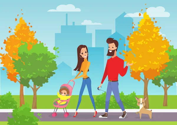 Ilustração vetorial de família jovem feliz com criança andando no parque da cidade ao ar livre com cenário urbano moderno em estilo plano de desenhos animados . — Vetor de Stock