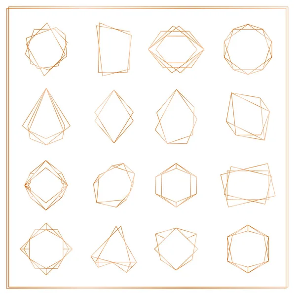 Altın parçaları çerçeveler vektör çizim üzerinde izole beyaz arka plan ayarlayın. Geometrik polihedron ince çizgi çerçeve koleksiyonu için düğün davetiyesi, tebrik kartları, logo, öğeleri web afiş için.
