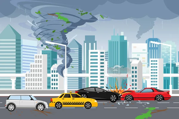 Vectorillustratie van de wervelende tornado en overstromingen, Onweer in grote moderne stad met wolkenkrabbers. Orkaan in stad, auto-ongeluk, gevaar concept in vlakke stijl. — Stockvector