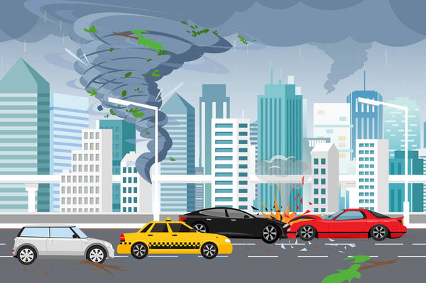 Vector illustration of swirling tornado and flood, thunderstorm in big modern city with skyscrapers. Hurricane in city, car crash, danger concept in flat style.