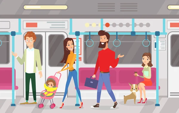 Vektorillustration von Menschen in der U-Bahn. Innenraum der U-Bahn mit pendelnden Fahrgästen, sitzenden und sprechenden Frauen, stehenden Frauen und Männern mit Kind im Cartoon-Flach-Stil. — Stockvektor