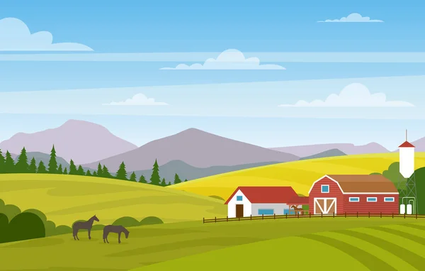 Ilustração vetorial da paisagem rural com fazenda. Cavalos em campos de verão e pastagens. Paisagem rural com fundo de montanhas . — Vetor de Stock