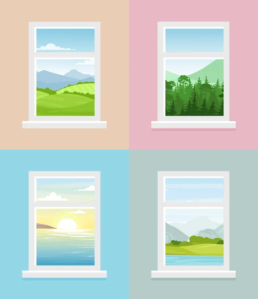 Ilustracja wektorowa poglądów innego okna. Góry, Las, pola, morze z sunrise okno views kolekcja w stylu płaski. — Wektor stockowy
