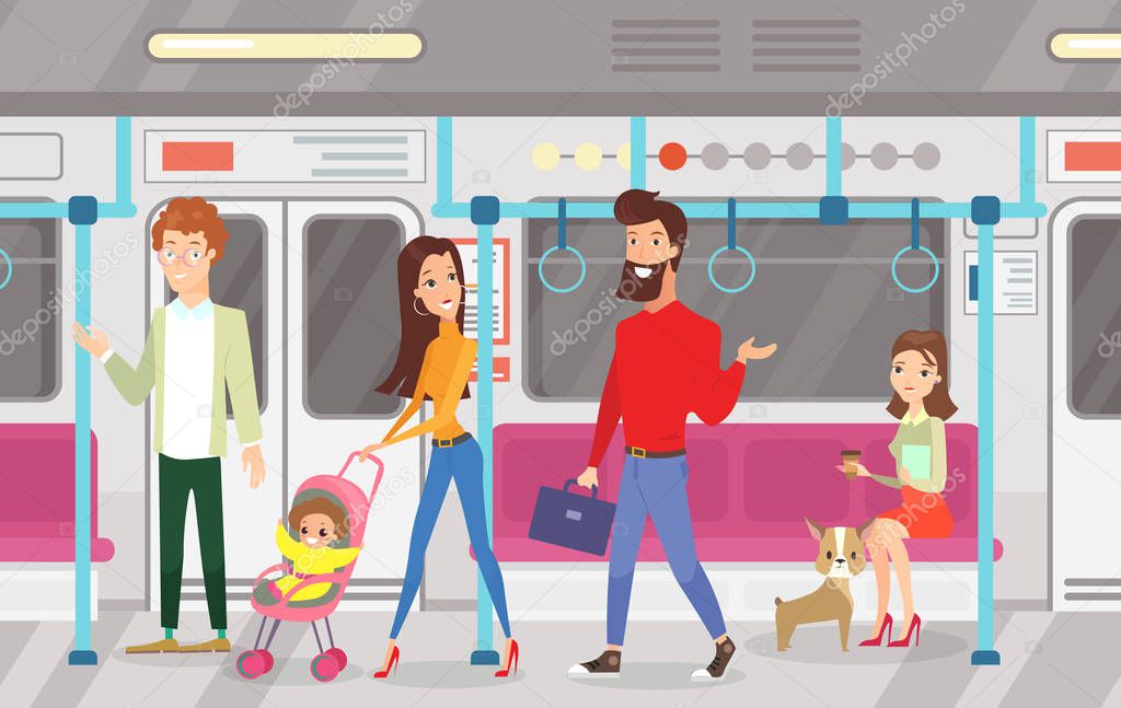 Vector illustration of people in subway underground train. Interior of subway with commuting passengers, sitting and talking women, standing woman and man with kid in cartoon flat style.