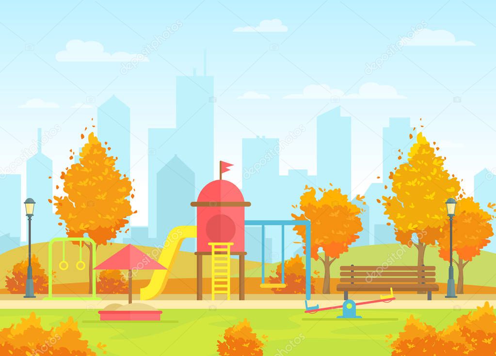 Vector illustration of city public park with kids playground on the modern big city background. Beautiful autumn city park with colorful yellow orange trees in flat cartoon style.