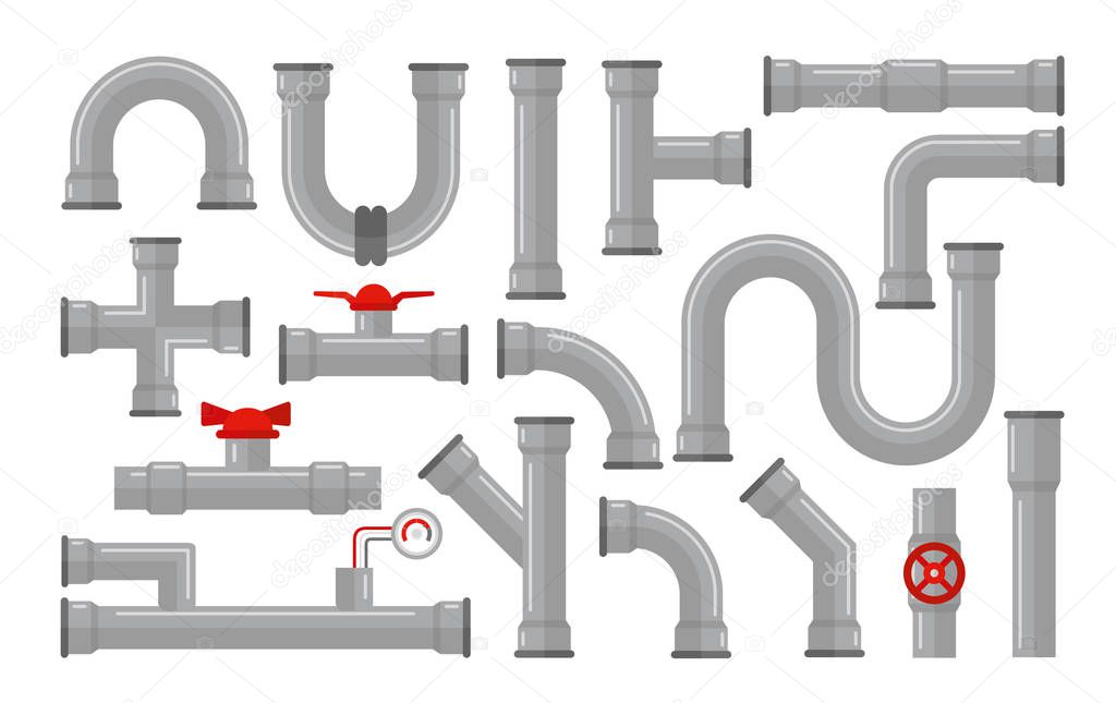 Vector illustration of pipes, types for water collection. Steel and plastic connectors, pipes in grey color with red valves in flat style isolated on white background.