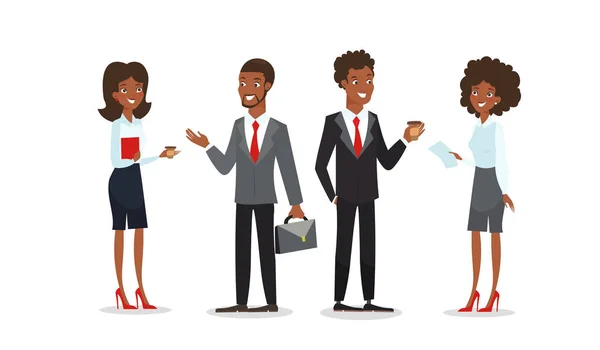 Vectorillustratie van Afro-Amerikaanse mannen en vrouwen in zakelijke kleding, standind en samen praten. Zwarte business tekens voor design in cartoon stijl, geïsoleerd op een witte achtergrond. Teken — Stockvector