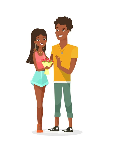 Vektorové ilustrace mladý americký pár. Mladá krásná černoška a černý fešák na rande, Seznamka pár v lásce, lidé v neformálním oblečení na bílém pozadí v ploché karikatury — Stockový vektor