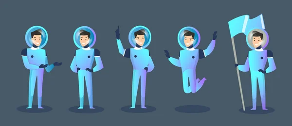 Conjunto de ilustrações vetoriais de personagens de desenhos animados astronauta em diferentes posições, cosmonauta em movimento em trajes espaciais e capacete isolado em fundo azul escuro. Feliz cosmonauta. Elementos para o futurista — Vetor de Stock