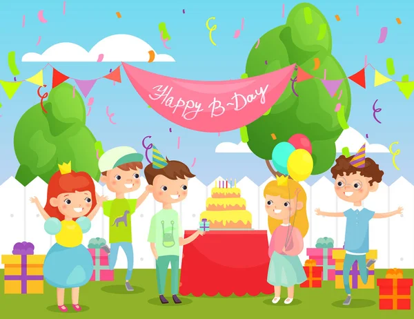 Ilustración vectorial de la fiesta de cumpleaños de los niños en el patio con muchos niños felices en ropa brillante y decoración, pastel grande y muchos regalos. Feliz niñas y niños se divierten con amigos en el cumpleaños — Archivo Imágenes Vectoriales