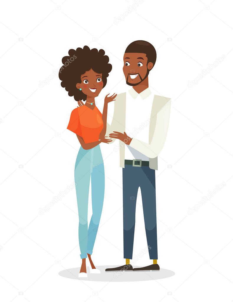 Vector illustration of black young pretty woman and handsome man standing together. Happy people in love, African American couple. Man and woman in flat cartoon style isolated on white background.