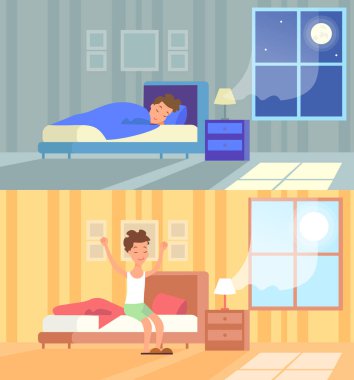 Gece uyku ve sabah uyanma adam vektör Illustration. Uyku rahat yatak konsepti, Günaydın, güne başlangıç, uyan. Uyku ve uyanma karikatür düz tasarım konsepti.