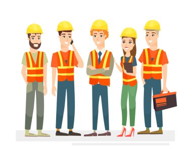 İnşaat İşçileri takım karakterler vektör Illustration. Üniforma ve kask düz çizgi film tarzı beyaz arka plan üzerinde kadın ve erkek.