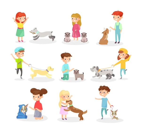 Illustrazione vettoriale serie di bambini che giocano con i cani. Ragazzi e ragazze felici che giocano con il cane, divertirsi insieme. Parrucche con animali domestici concetto in stile fumetto piatto isolato su sfondo bianco . — Vettoriale Stock