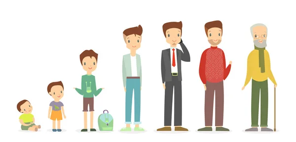 Vector illustration of a man in different ages - as a small baby boy, a child, a pupil, a teenager, an adult and an elderly person. Growing up and becoming older concept in flat cartoon style. — Stock Vector