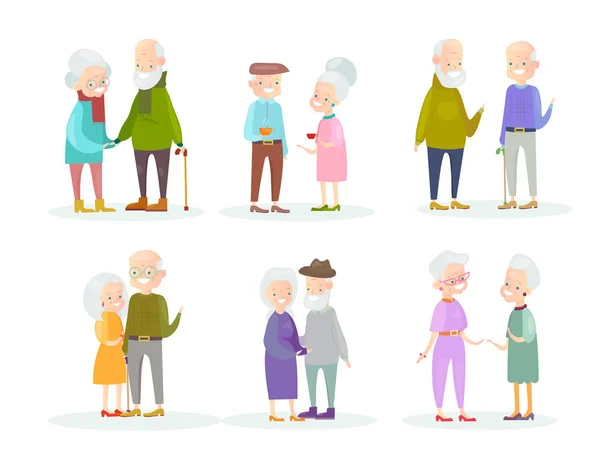 Illustration vectorielle ensemble de couples de personnes âgées mignonnes et charmantes et de vieux amis isolés sur fond blanc. Grands-parents actifs et en santé. Personnes âgées personnages dans différentes positions et — Image vectorielle