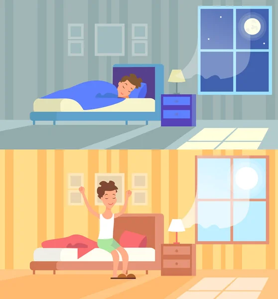 Ilustración vectorial del hombre durmiendo por la noche y despertando por la mañana. Duerme en un cómodo concepto de cama, buenos días, comienzo del día, despierta. Dibujos animados concepto de diseño plano de dormir y despertar . — Archivo Imágenes Vectoriales