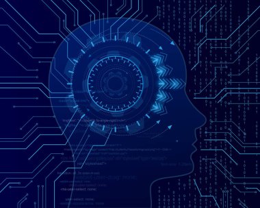 İkili kod arka planındaki siber zihin. Büyük veri yapay zeka. Yan kafa formunda makine öğrenimi. Sanal kavram vektör illustrarion.