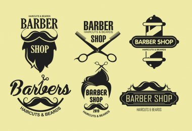 Retro tarzı sarı renk arka plan izole vintage berber dükkanı amblemvektör illüstrasyon seti. Etiketler, rozetler, siluet tarzı logolar elemanları.