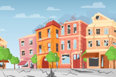 Vector illustration of earthquake in the city, ground crevices. Cartoon colorful houses with cracks and damages. Natural disaster concept, cataclysm, catastrophe. flat style. clipart