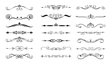 Bölücüler, flourishes, sarmaşıklar, süslü çizgiler, vintage tarzı süs elemanları Vektör illüstrasyon seti. Beyaz arka planda izole edilmiş tebrik kartları, harfler ve logolar için retro öğeler.