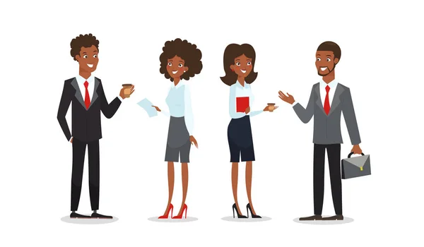 Vector illustratie set van zakelijke tekens. Collectie van Afro-Amerikaanse zakenlieden en zakenvrouwen praten en glimlachen in platte cartoon stijl geïsoleerd op witte achtergrond. — Stockvector