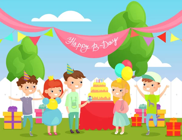 Vector illustration of kids birthday party on back yard background with funny friends, happy children company of boys and girls having fun, celebrating birthday with big cake and lot of presents — Stock Vector