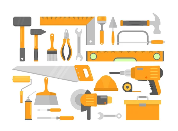 Ensemble d'outils de construction de maison de réparation orange vif isolé sur fond blanc. Marteau en brique, niveleur, tournevis, chute de construction, casque de sécurité, ciseau, scie circulaire — Image vectorielle