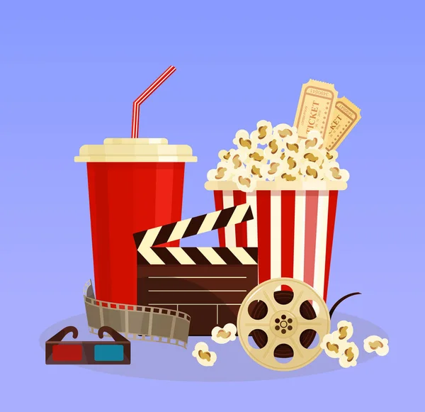 Vektor Illustration Konzept des Kinos. Popcorn, 3D-Brillen und Filmstreifen im flachen Cartoon-Stil. — Stockvektor