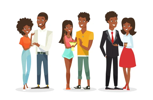 Conjunto de ilustração vetorial de casais afro-americanos bonitos na data. Jovem mulher e homem. Negros, família. Homem bonito e mulher bonita em estilo cartoon plana isolado no fundo branco . —  Vetores de Stock