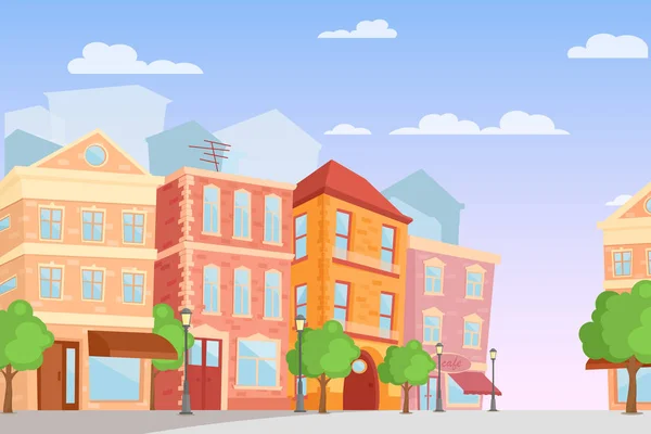 Vektor ilustrasi kartun kota dengan warna-warna cerah, waktu siang, lucu jalan kota dengan rumah-rumah berwarna-warni dalam gaya datar . - Stok Vektor
