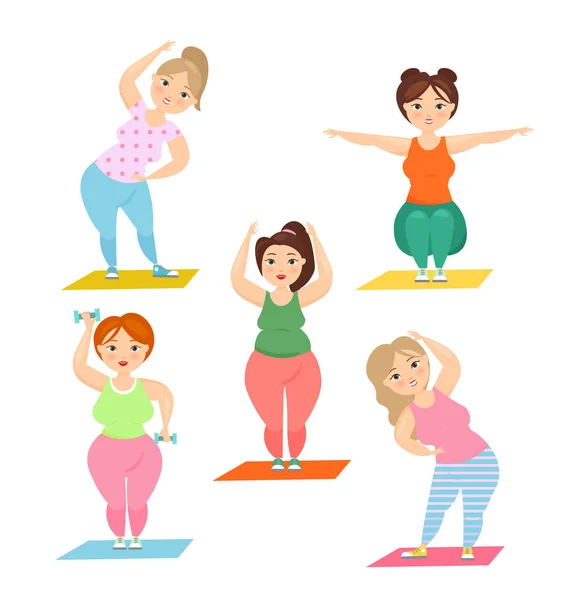 Conjunto de ilustración vectorial de señoras gordas lindas haciendo deporte. Concepto de fitness, estilo de vida saludable, más mujeres con curvas de tamaño haciendo ejercicio juntos, estilo de dibujos animados planos . — Vector de stock