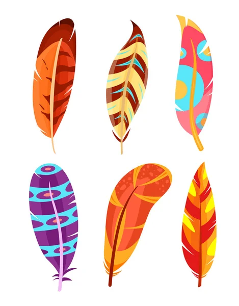 Conjunto de ilustración vectorial de plumas coloridas y brillantes. colección de plumas multicolores aisladas sobre fondo blanco en estilo plano . — Archivo Imágenes Vectoriales
