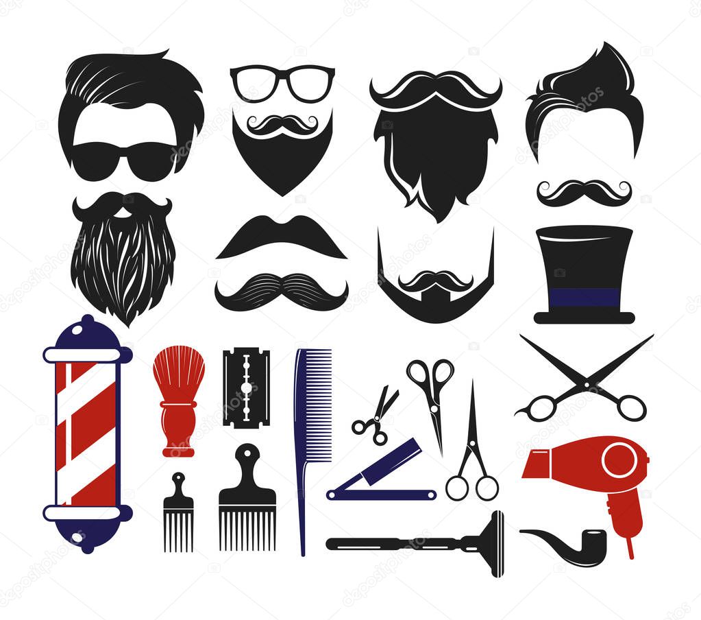 Vector illustration set of barber shop icons, elements for man s haircut salon logos. Men hipster haircuts, scissors, scallops, glasses, beard, mustache isolated on white background.