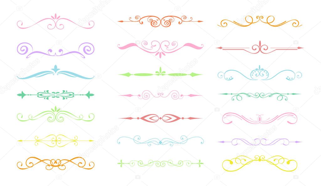 Vector illustration set of decorative flourishes. vintage hand drawn dividers in pastel colors. Swirls, decorations ornate elements for greeting cards, nvintations in retro style on white background.