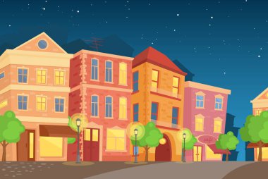 Karikatür tarzında gece şehir Vektör illüstrasyon. Renkli sevimli evler ile Sokak, düz tarzda gece şehir.