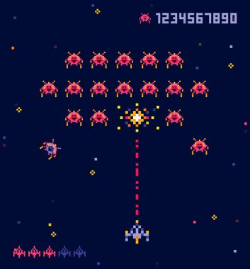 Eski piksel sanat tarzı Ufo uzay savaş oyunu Vektör illüstrasyon. Piksel canavarlar ve uzay gemisi. Retro oyun, 8 bit oyun konsepti, trendy 90s tarzı.