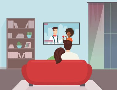 Erkek ve kadın Tv izlerken Vektör illüstrasyon. Genç çift bir Haber izlerken, ev atmosferinde, düz karikatür tarzı.
