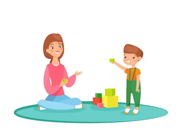 Vector illustration of mom playing blocks with her son on the carpet. Playing at home, time with family, nanny with kid. Cute mommy with son kid in flat cartoon style. — Stock Vector