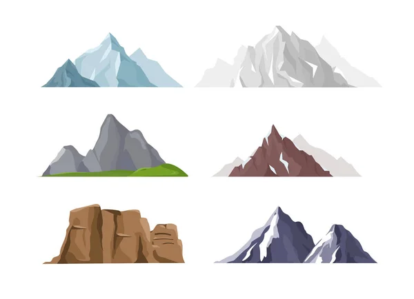 Vector illustration set of mountain icons in flat cartoon style. Different mountains and hills collection isolated on white background. — Stock Vector