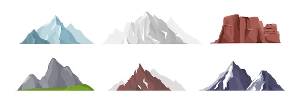Vektor Illustration Sammlung von verschiedenen Berg-Ikonen im flachen Stil. Felsen, Berge und Hügel isoliert auf weißem Hintergrund. — Stockvektor
