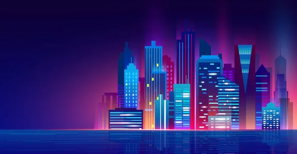 Απεικόνιση διανύσματος της φουτουριστικής νυχτερινής πόλης με φώτα νέον. Αστικό τοπίο πάνω από το νερό, όμορφη νύχτα σύγχρονη πόλη, φώτα της πόλης. — Διανυσματικό Αρχείο