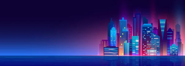 Απεικόνιση διάνυσμα πανέμορφης νυχτερινής πόλης με φώτα νέον και χρώματα λάμψης. Σύγχρονη μεγάλη πόλη, νυχτερινή μεγαλούπολη. — Διανυσματικό Αρχείο