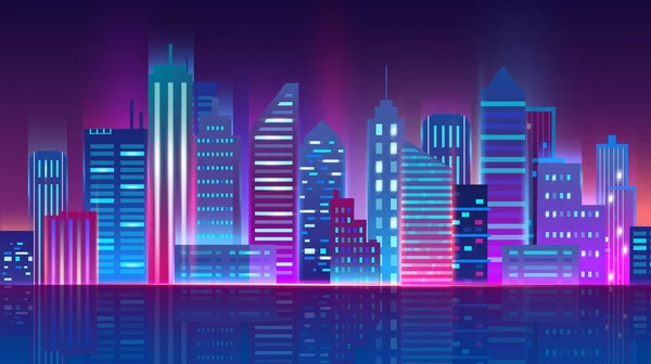 Ilustracja wektorowa futurystycznego Megapolis Cityscape. Nocne miasto z świecącymi światłami neonowych. Futurystyczna koncepcja miasta nocnego, transparent, tło cyfrowe. — Wektor stockowy